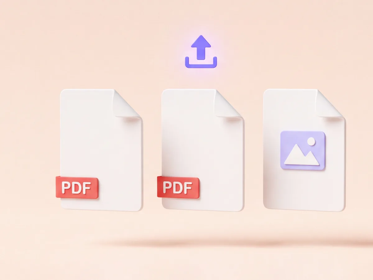 Ficheiros PDF e imagens a flutuar, prontos para serem carregados por upload